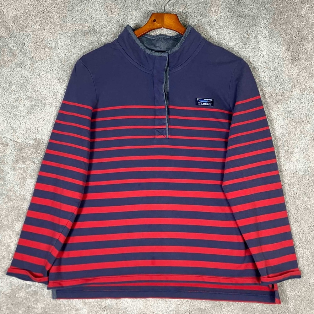 LL Bean Polo Rugby Shirt Long Sleeve Button Up Blue Red Stripes Mens XL Henley